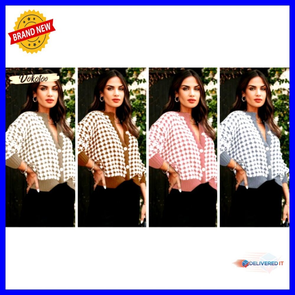 V Neck Cable Knit Cardigan Long Sleeve Plaid Button Down Chic Fall Winter - Picture 7 of 7